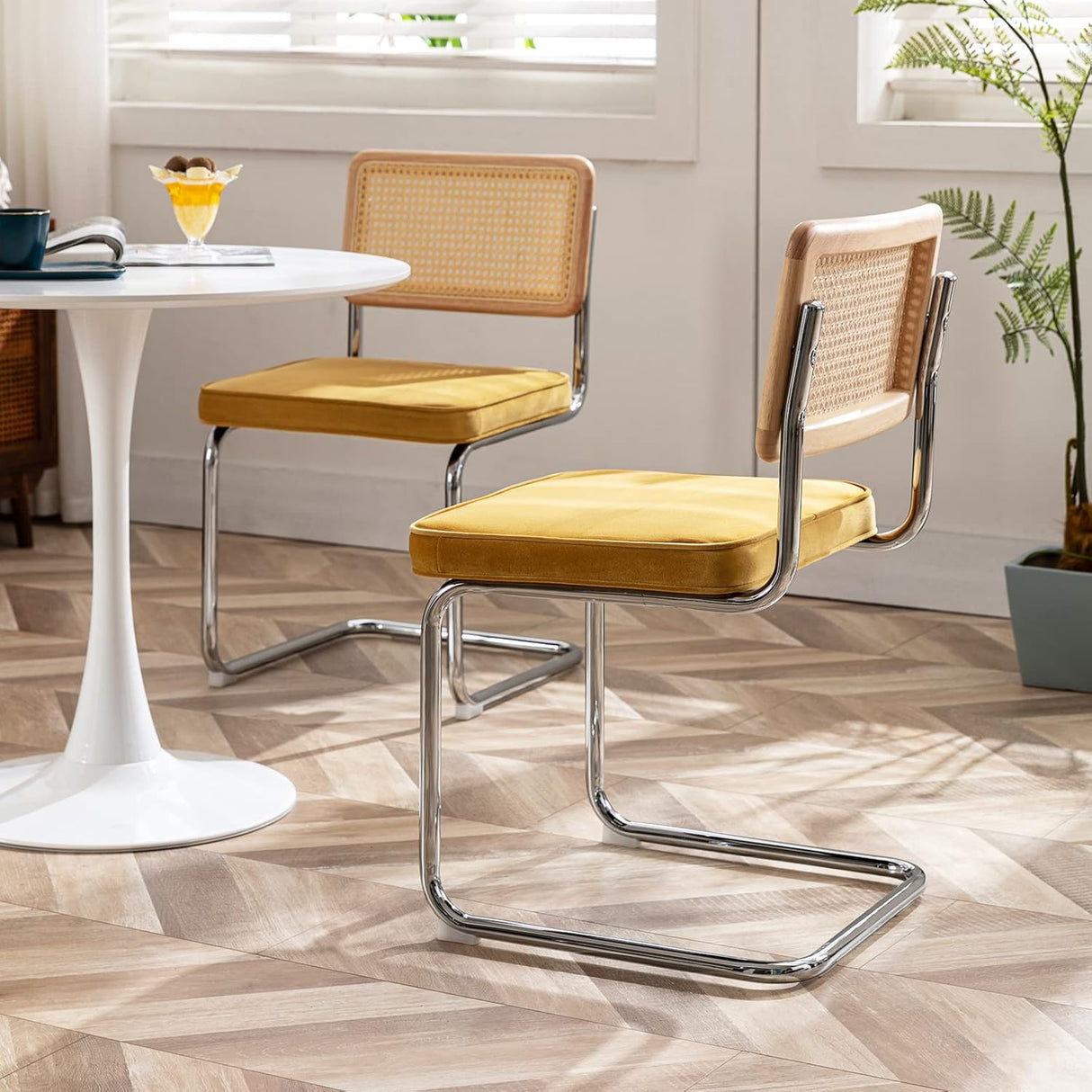 Zesthouse MId Century - Juego de 2 sillas de comedor modernas, sillas decorativas de terciopelo con respaldo de caña natural y base cromada inoxidable, sillas famosas de diseño Breuer, sillas de cocina tapizadas de ratán
