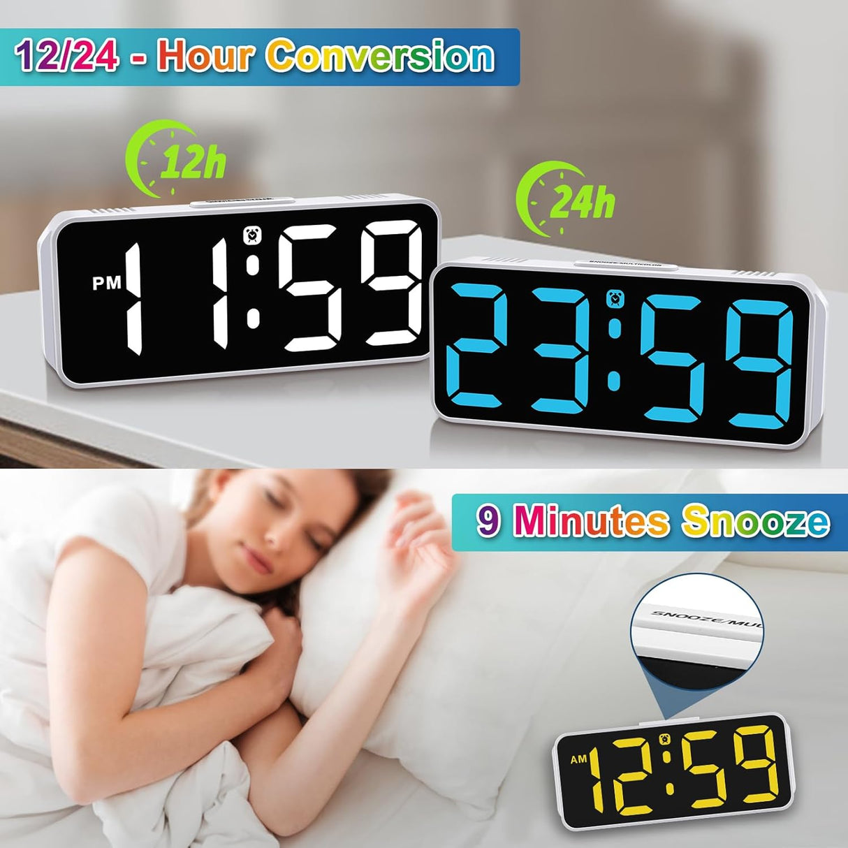 Reloj Despertador Digital Pequeño, Pantalla RGB, Dimmable