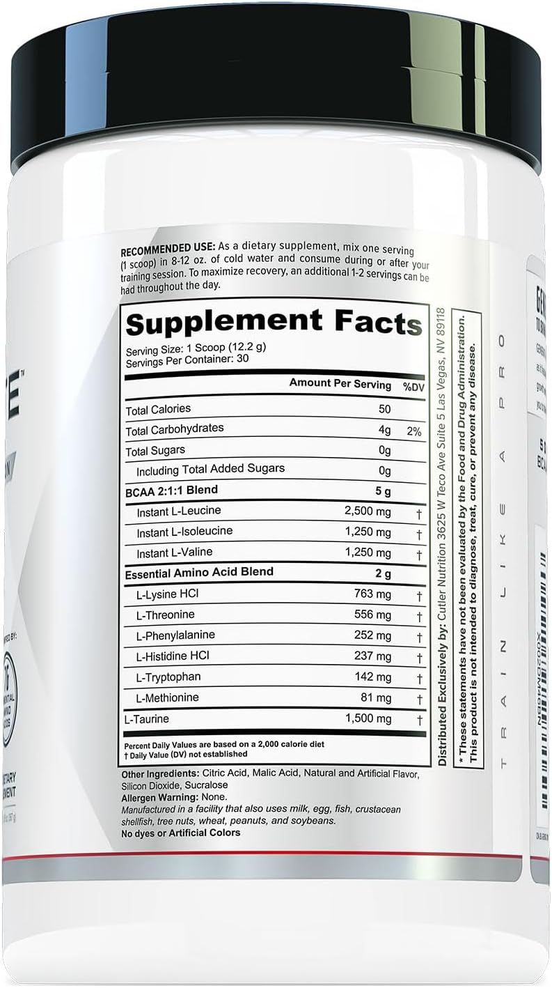 Suplemento de BCAA y EAA Cutler Nutrition, 5g BCAAs, 2g EAAs, 30 porciones