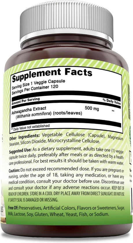 Suplemento de Ashwagandha 500 mg Amazing India, 120 Cápsulas