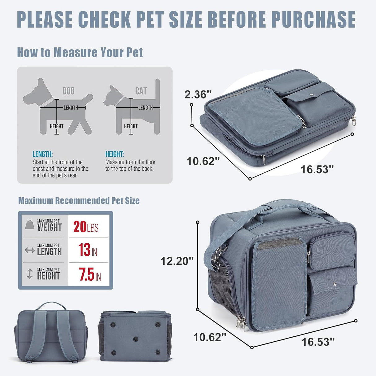 Mochila Transportadora Grande para Gatos y Perros, Aprobada