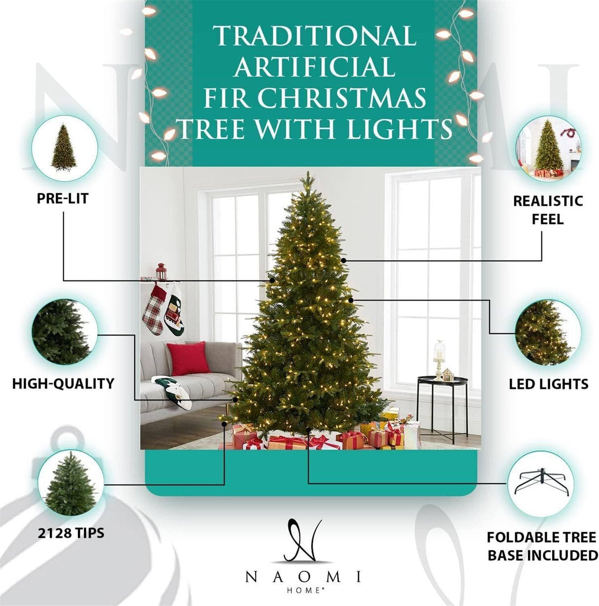 Árbol de Navidad Naomi Home 6.5ft, 1292 puntas, 350 luces