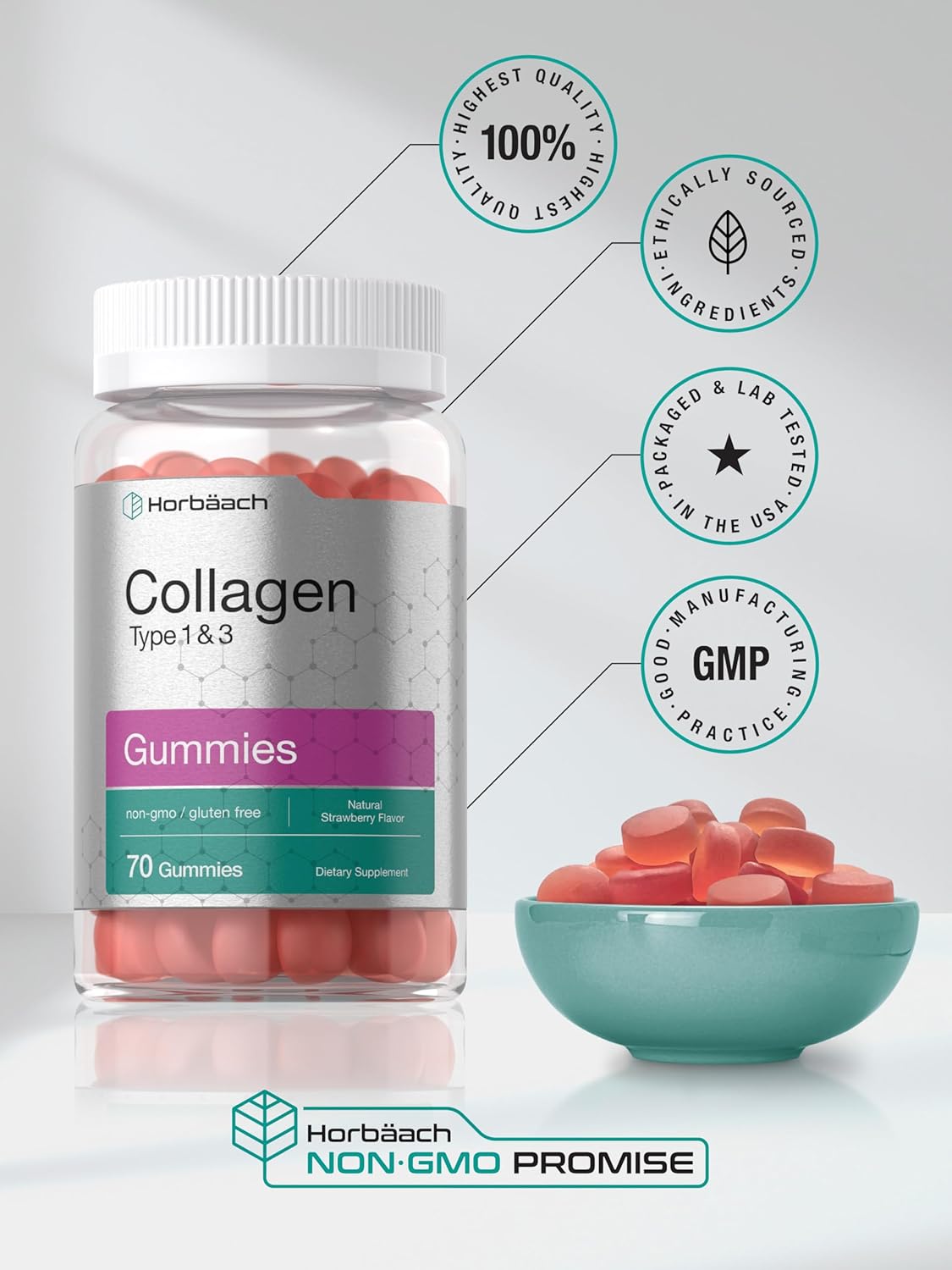 Horbäach Gummies de Colágeno 70u, Sin Gluten, Gummy de Fresa