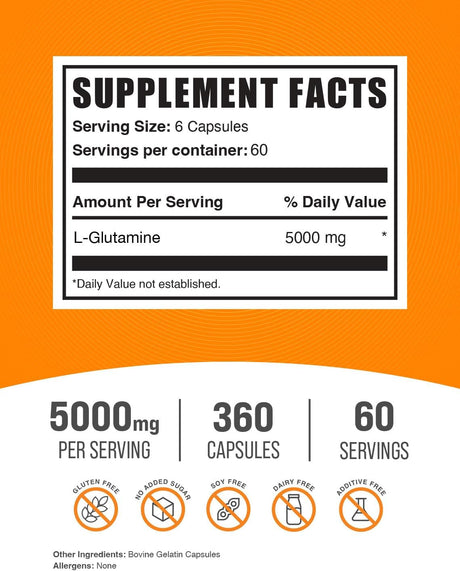 Suplemento de Glutamina en Cápsulas BulkSupplements, 5000mg, 360 unidades