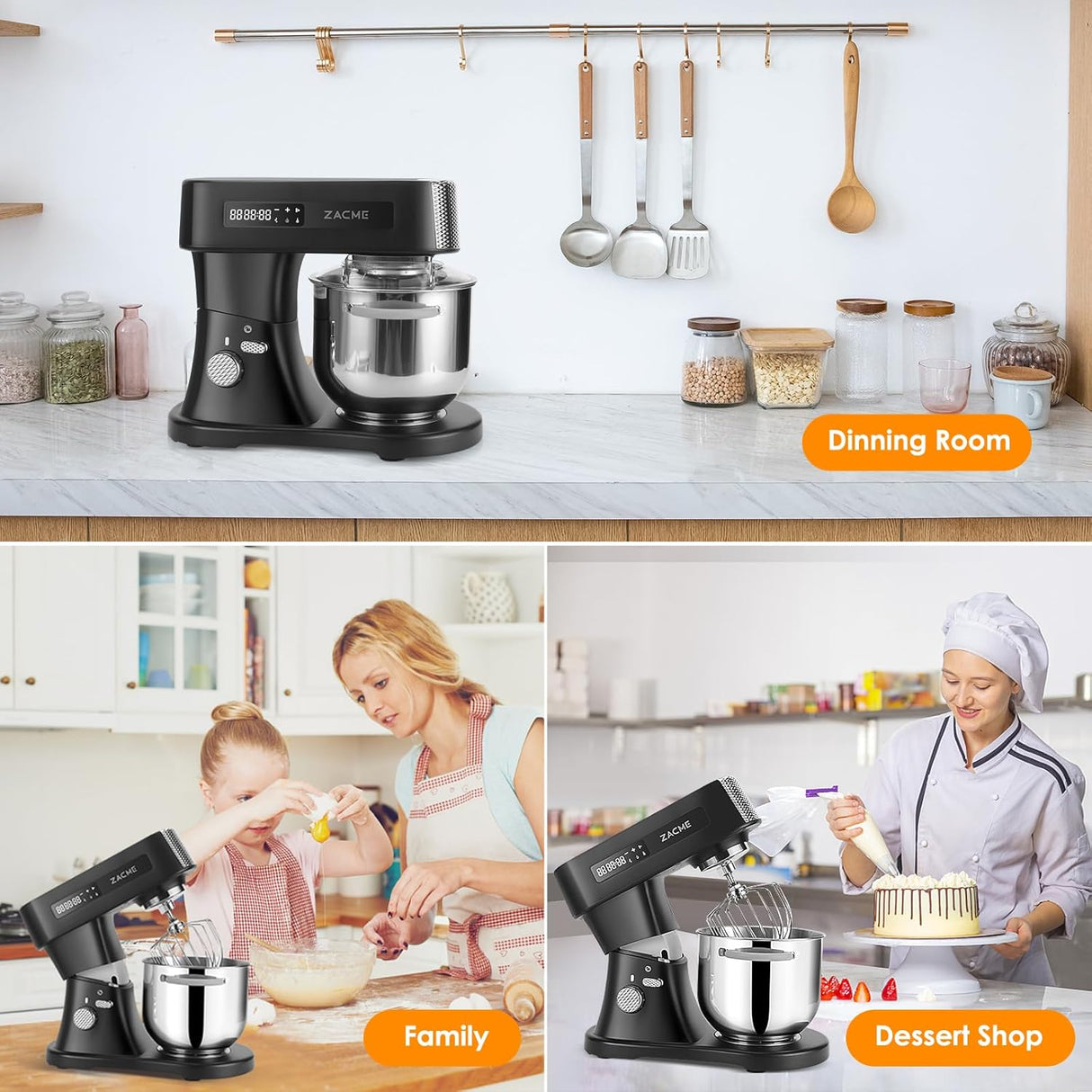 Batidora de pie 7.4QT 800W con 3 accesorios de acero inoxidable