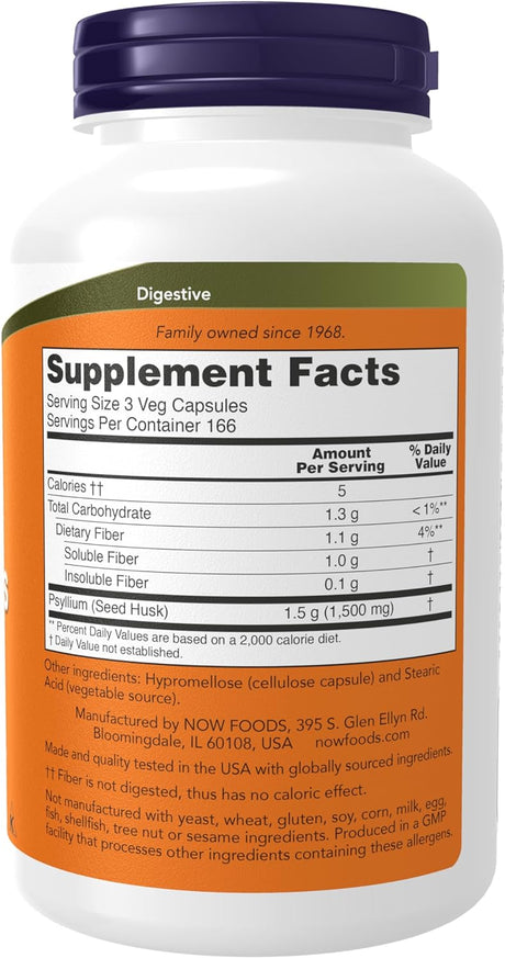 Suplementos de Psyllium Husk 500 mg NOW Foods, 500 cápsulas veg.