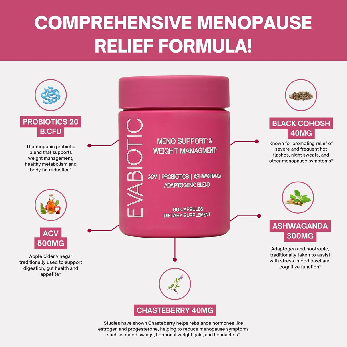 Menopausia Completa Vegana - Ashwagandha, Probióticos, ACV, 60 Caps