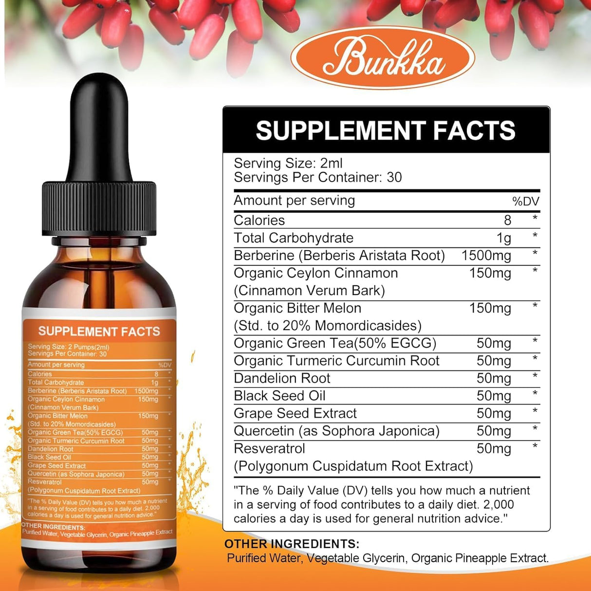 Suplemento de Berberina Líquido 1500mg con Canela y Melón Amargo
