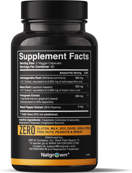 Suplemento Natgrown Ashwagandha, Maca, Fenogreco, 120 cápsulas
