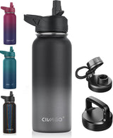 CIVAGO - Botella de agua aislada de 32 oz con popote, botella deportiva de acero inoxidable con 3 tapas (popote, boquilla y tapa de asa), taza térmica de viaje de boca ancha, gradiente negro y gris