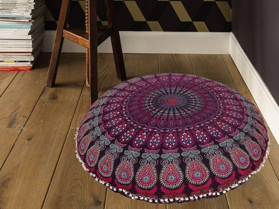 Funda bohemia para cojín, de 32 pulgadas, con diseño de mandala, para meditación, decorativa, otomana, grande, para exteriores, decoración del hogar, decoración de arte en el hogar, redonda, con pompones de algodón, cómoda