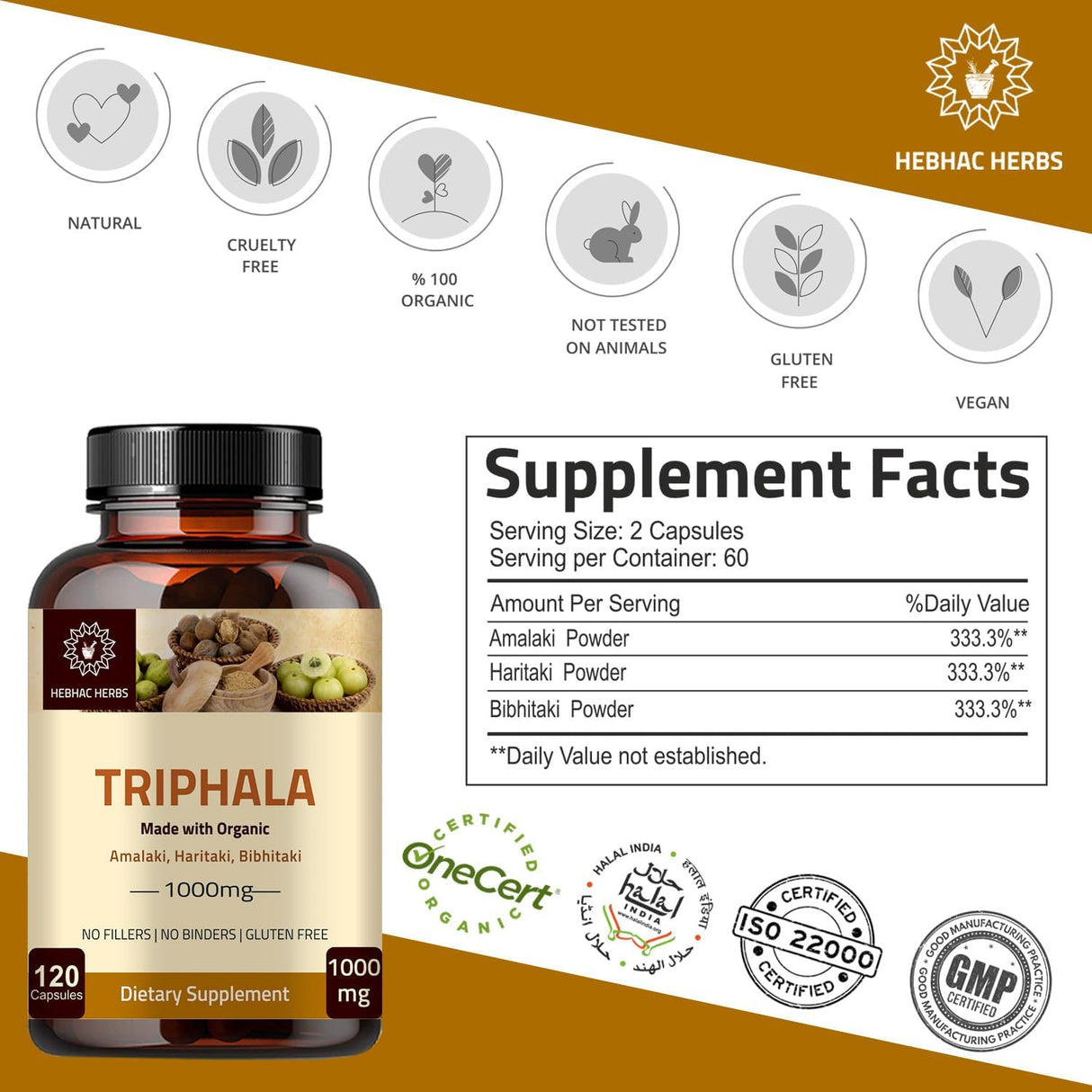 Suplemento Triphala orgánicas 120 cápsulas de 1000 mg