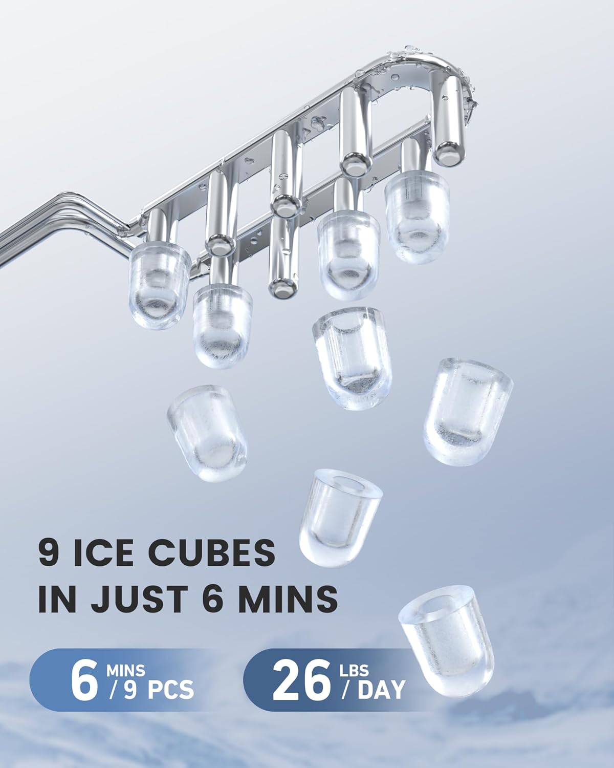 Máquina de Hielo Portátil, 9 Cubos en 6 Min, 26 lbs/día, Auto-Limpieza