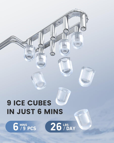 Máquina de Hielo Portátil, 9 Cubos en 6 Min, 26 lbs/día, Auto-Limpieza
