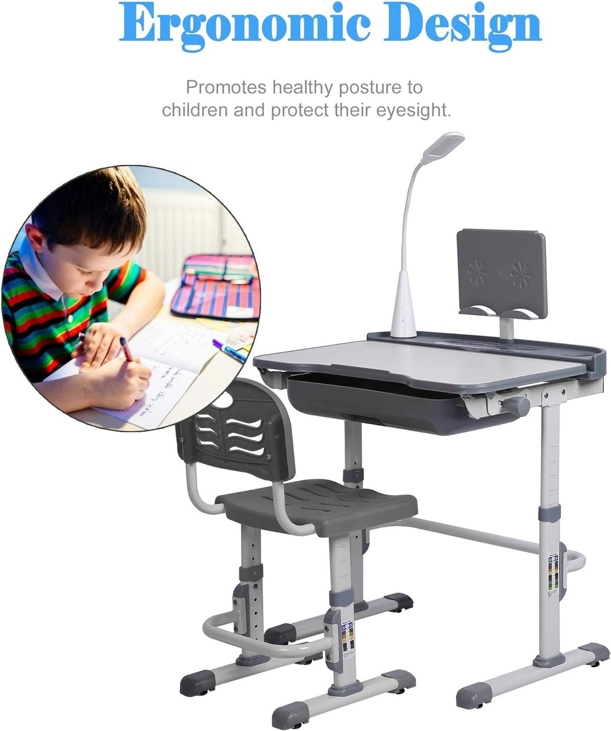 Escritorio y Silla Ajustables para Niños con Luz LED y Cajón