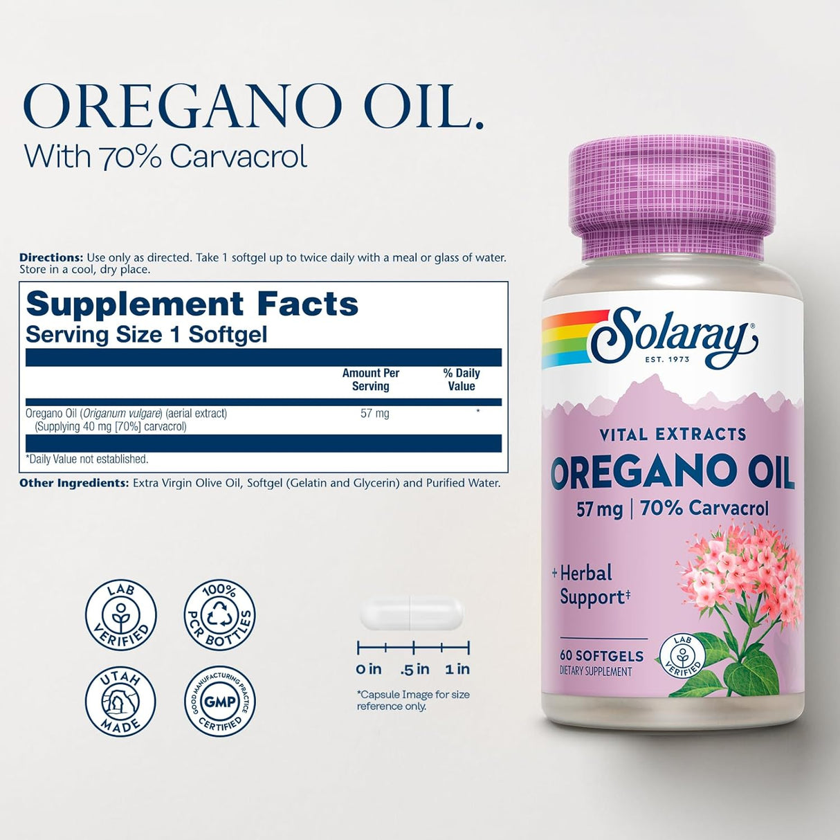 Solaray Aceite de Orégano 57 mg - 60 Cápsulas, 70% Carvacrol