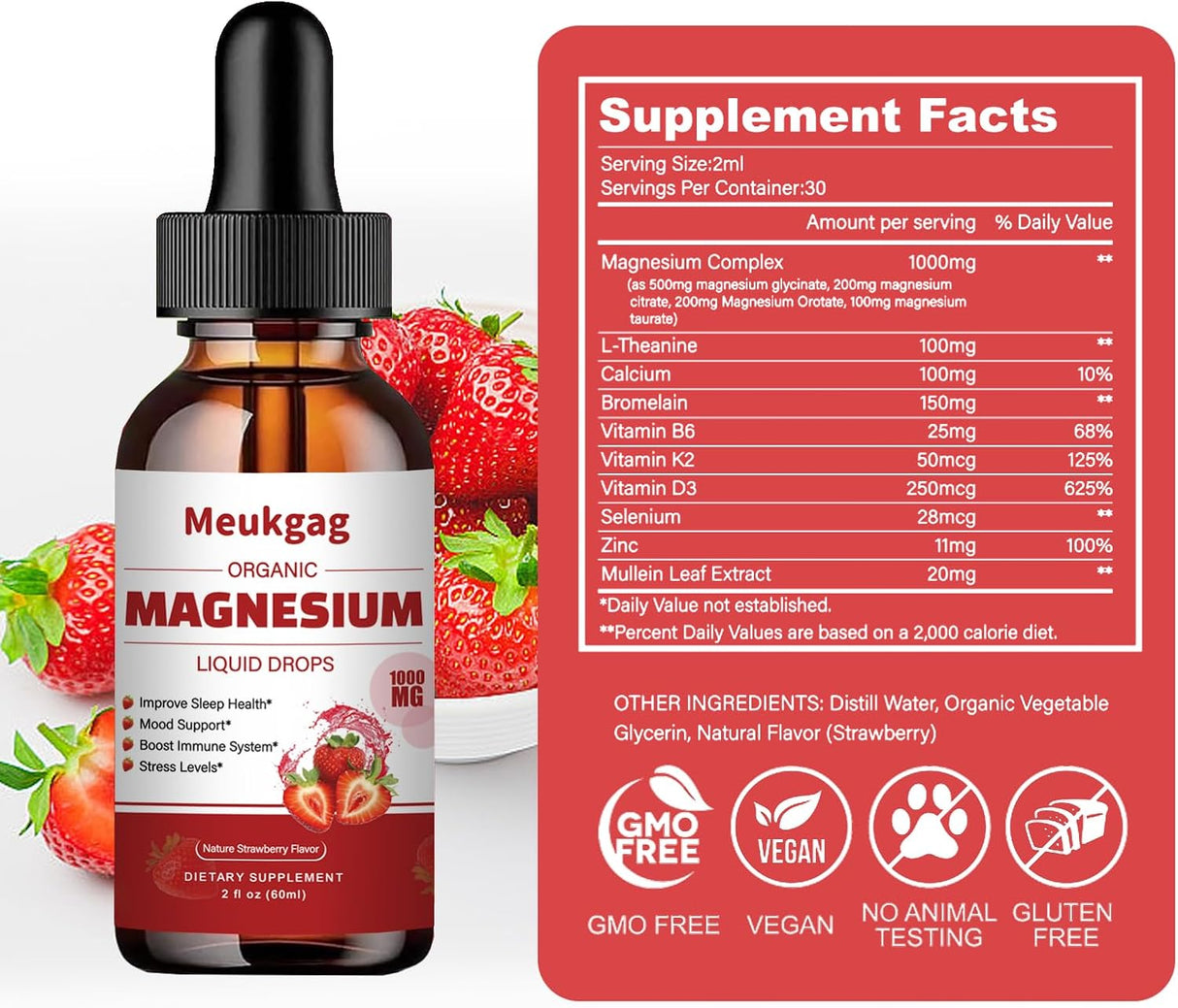 Suplemento Líquido de Magnesio Glycinato 1000mg con Bromelina, D3, B6 y K2