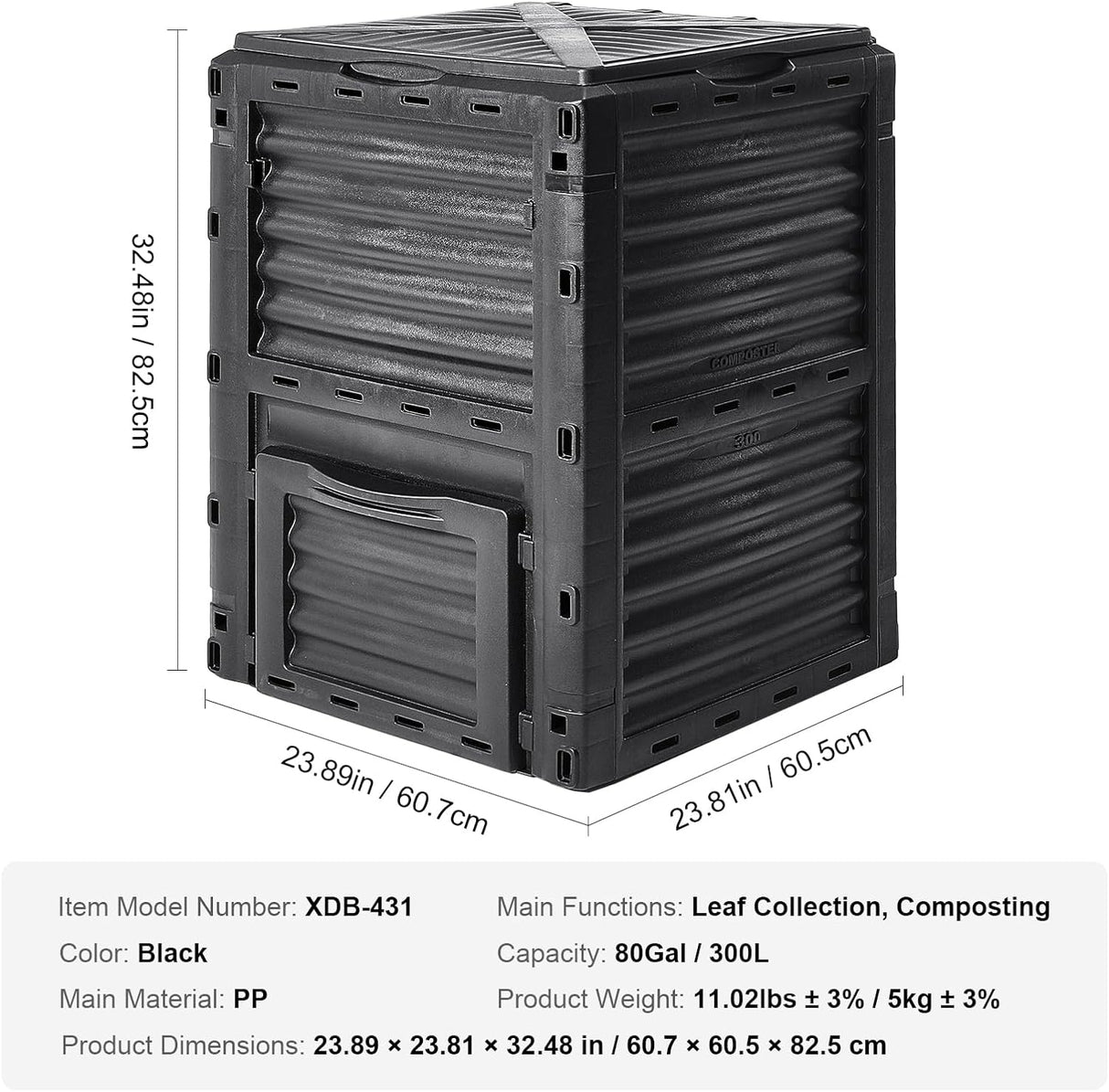 Compostera VEVOR 80 Gal, BPA Libre, Puerta Inferior, Ligera