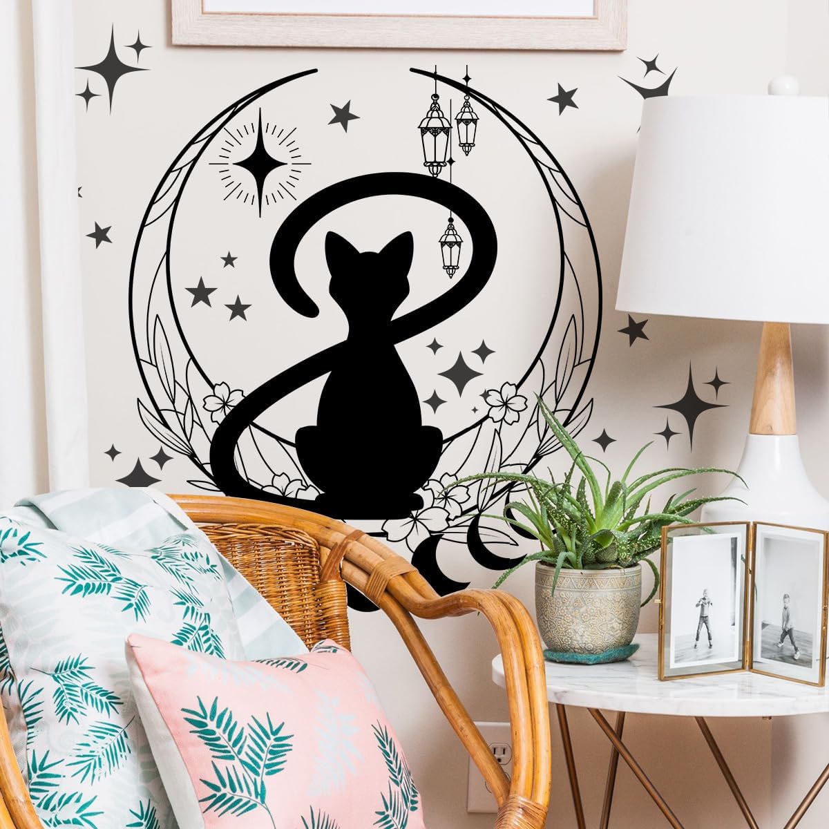 Simple Gato Negro Fase Lunar Flor Pegatinas de Pared Fondo