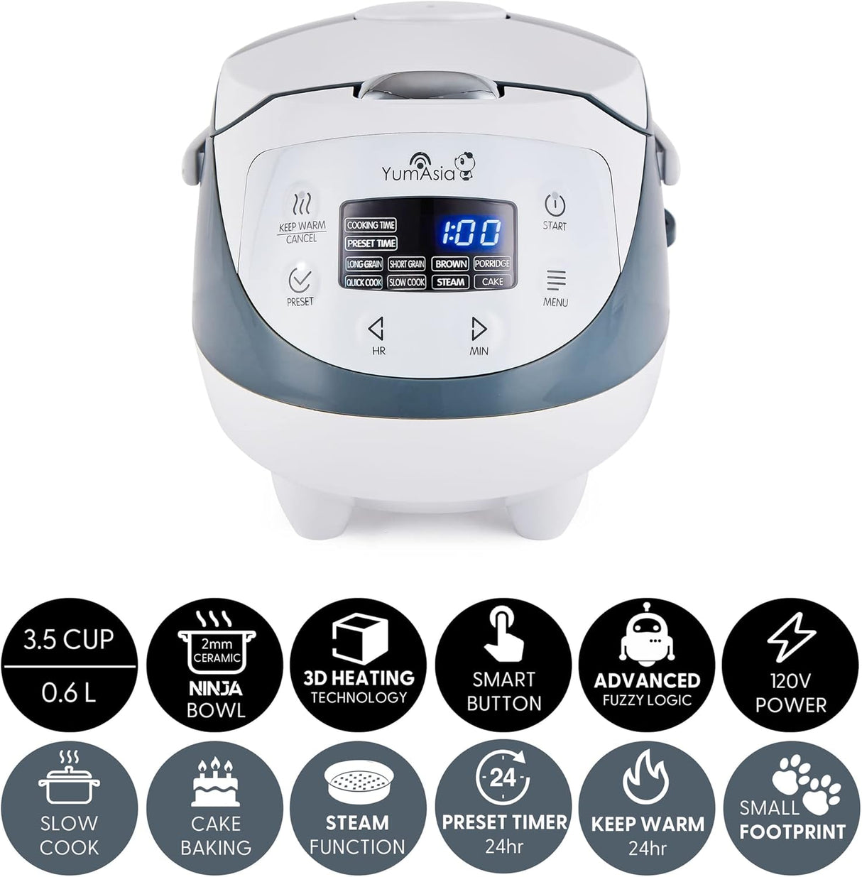 Arrocera Yum Asia Panda Mini, 4 funciones, 3.5 tazas, 120V