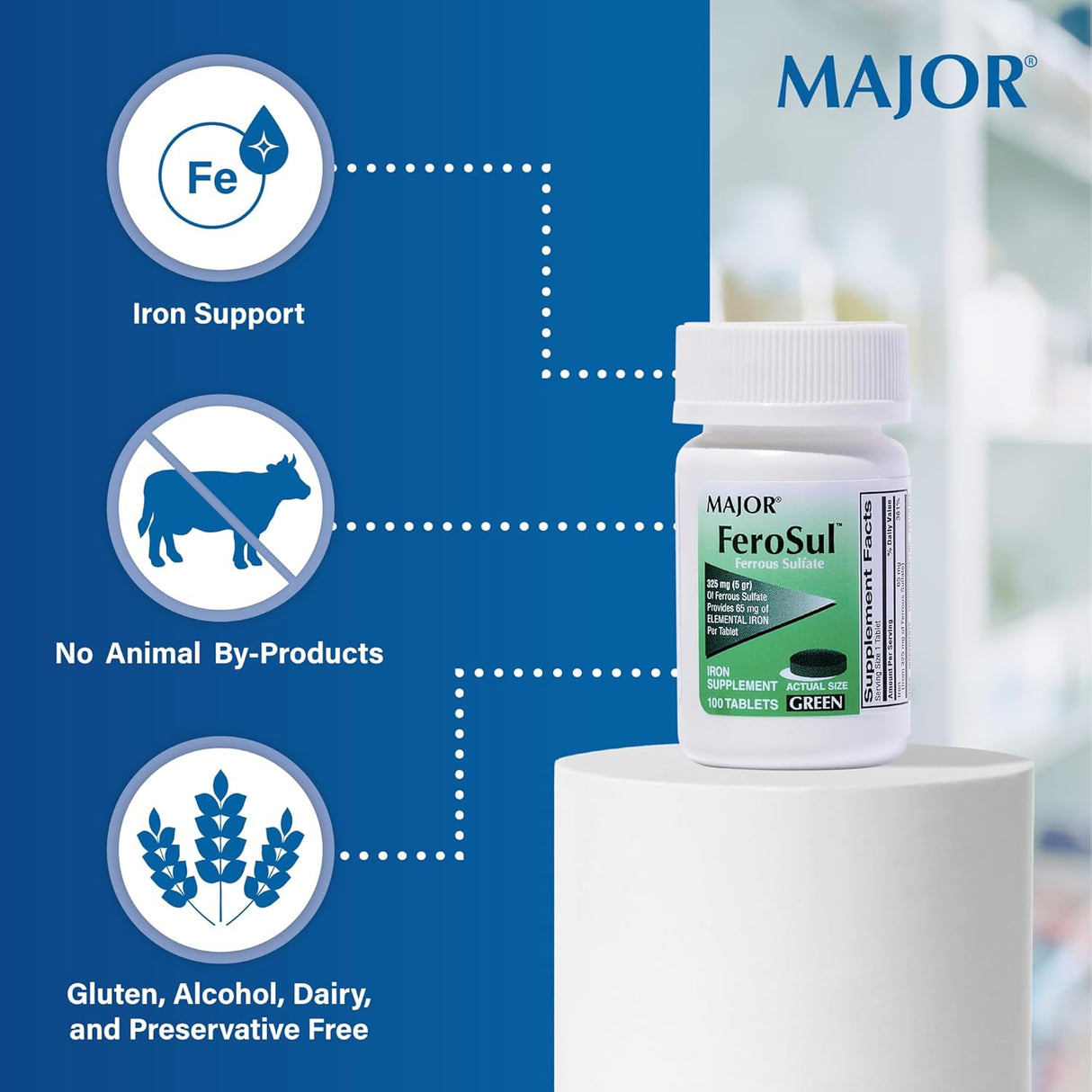 Suplemento de Hierro Ferrosulfato 325mg - Major Ferosul 100u x2