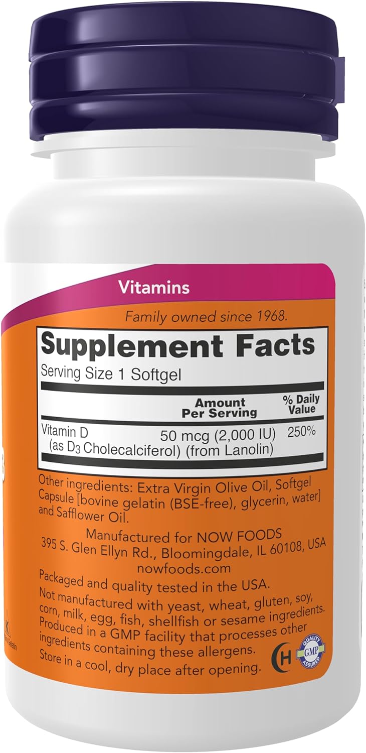 Suplementos NOW Foods, Vitamina D-3 2,000 IU, 120 Softgels