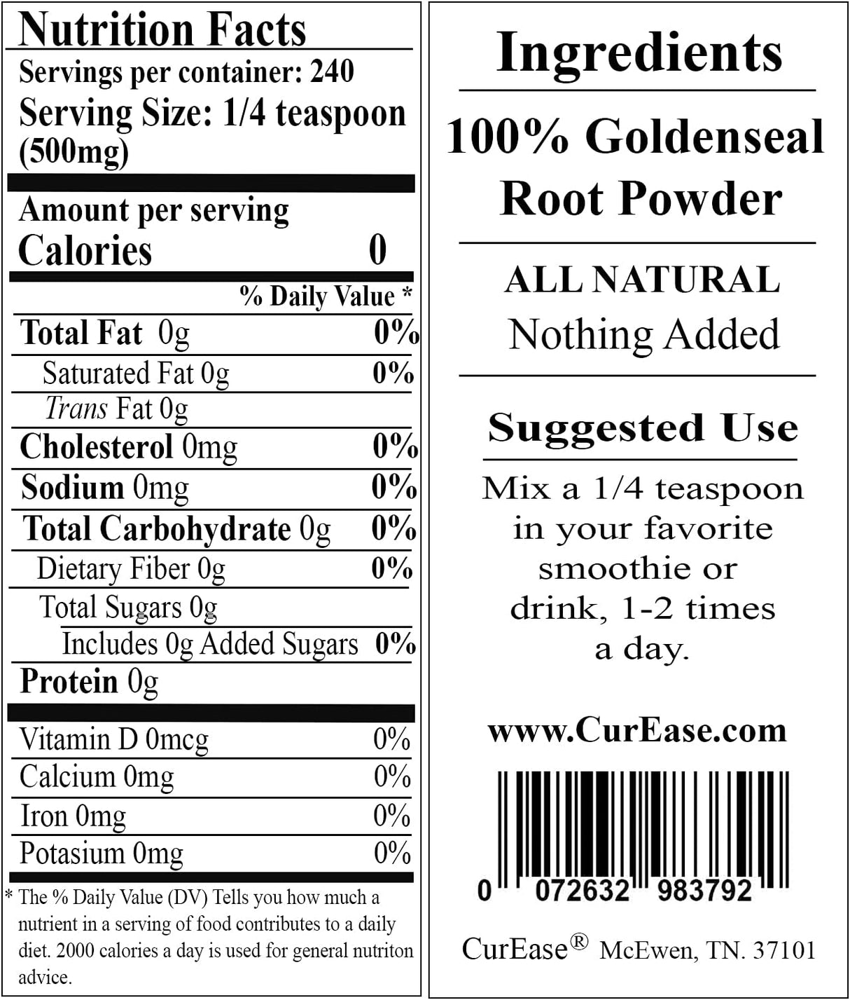 Suplemento Polvo de raíz Goldenseal 4.2 oz / 240 porciones