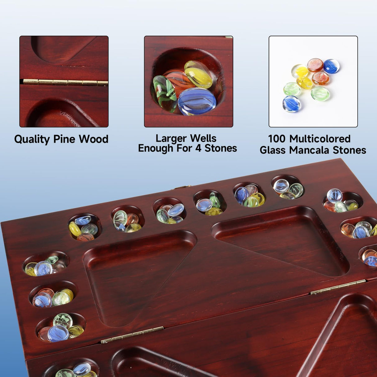 Juego de Mancala GSE con Piedras de Vidrio, 4 Jugadores, Plegable