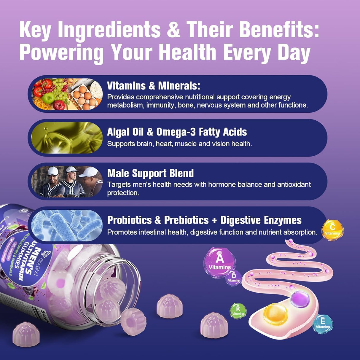 Multivitamin para Hombres, Gummies con Omega-3 y Probióticos
