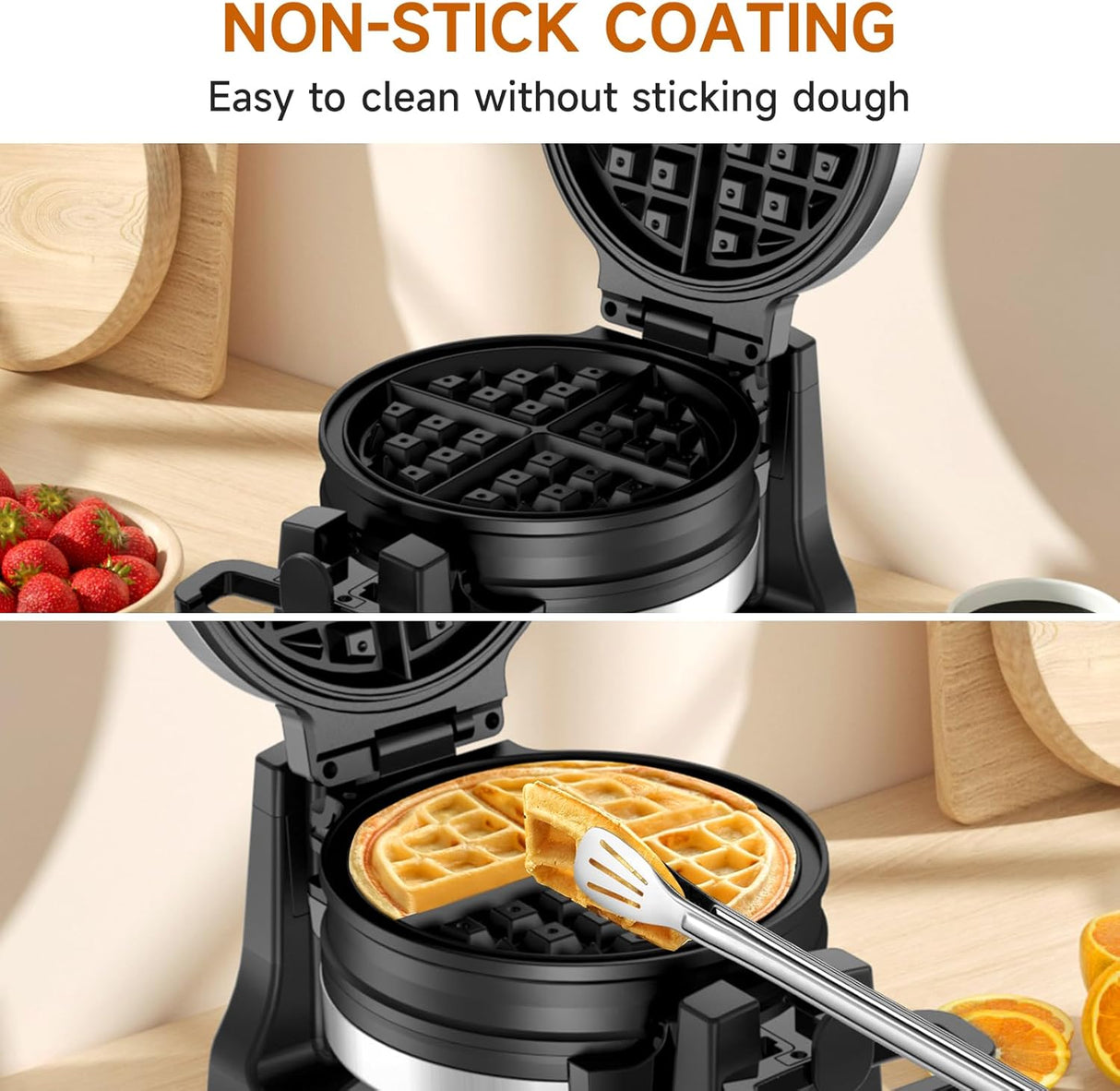 Máquina de Waffles Doble, 180° Rotativa, Placas Antiadherentes
