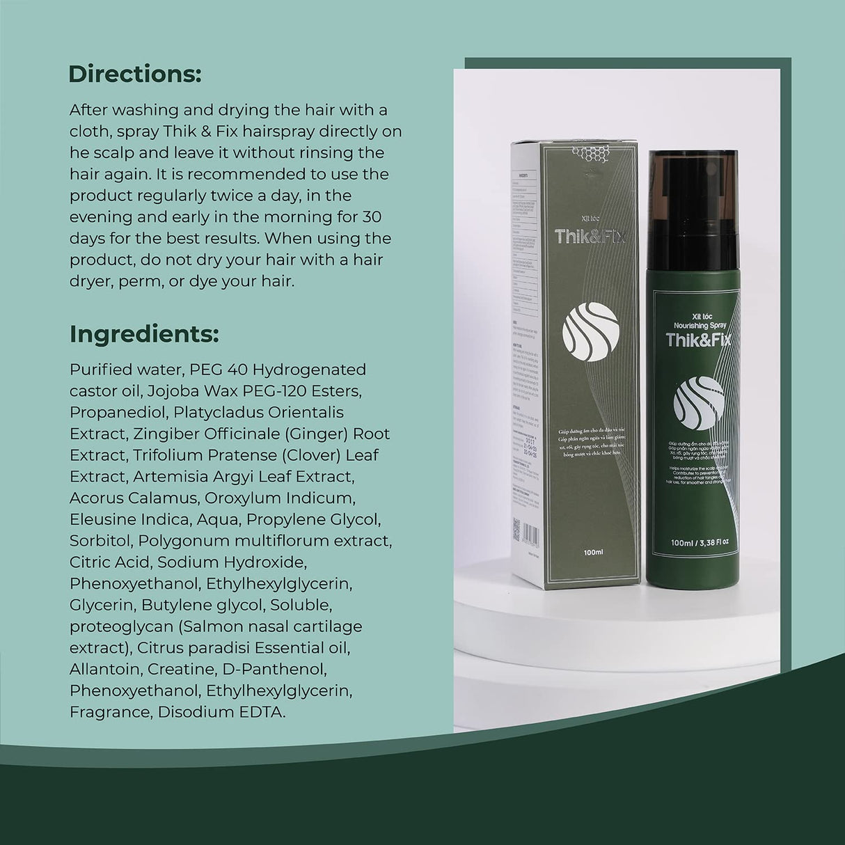 Thik&amp;Fix Spray para el crecimiento del cabello, spray para engrosar el cabello para hombres y mujeres, aumenta el volumen y la textura, humecta el cuero cabelludo y el cabello, reduce los enredos (3.38 onzas líquidas)