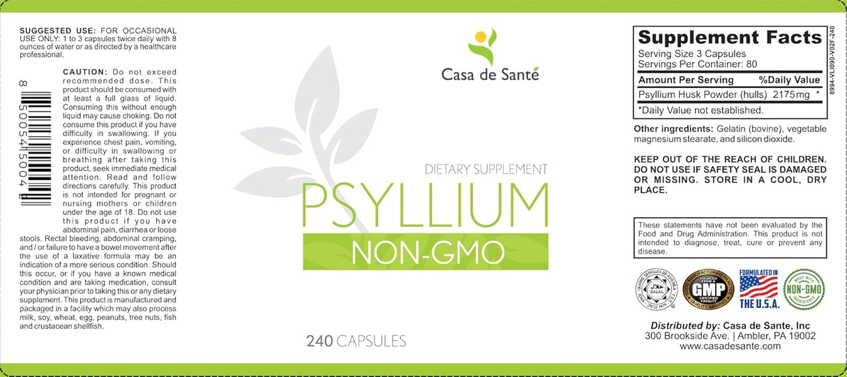 Suplemento de fibra Psyllium Caps, Non GMO, Bajo en FODMAP