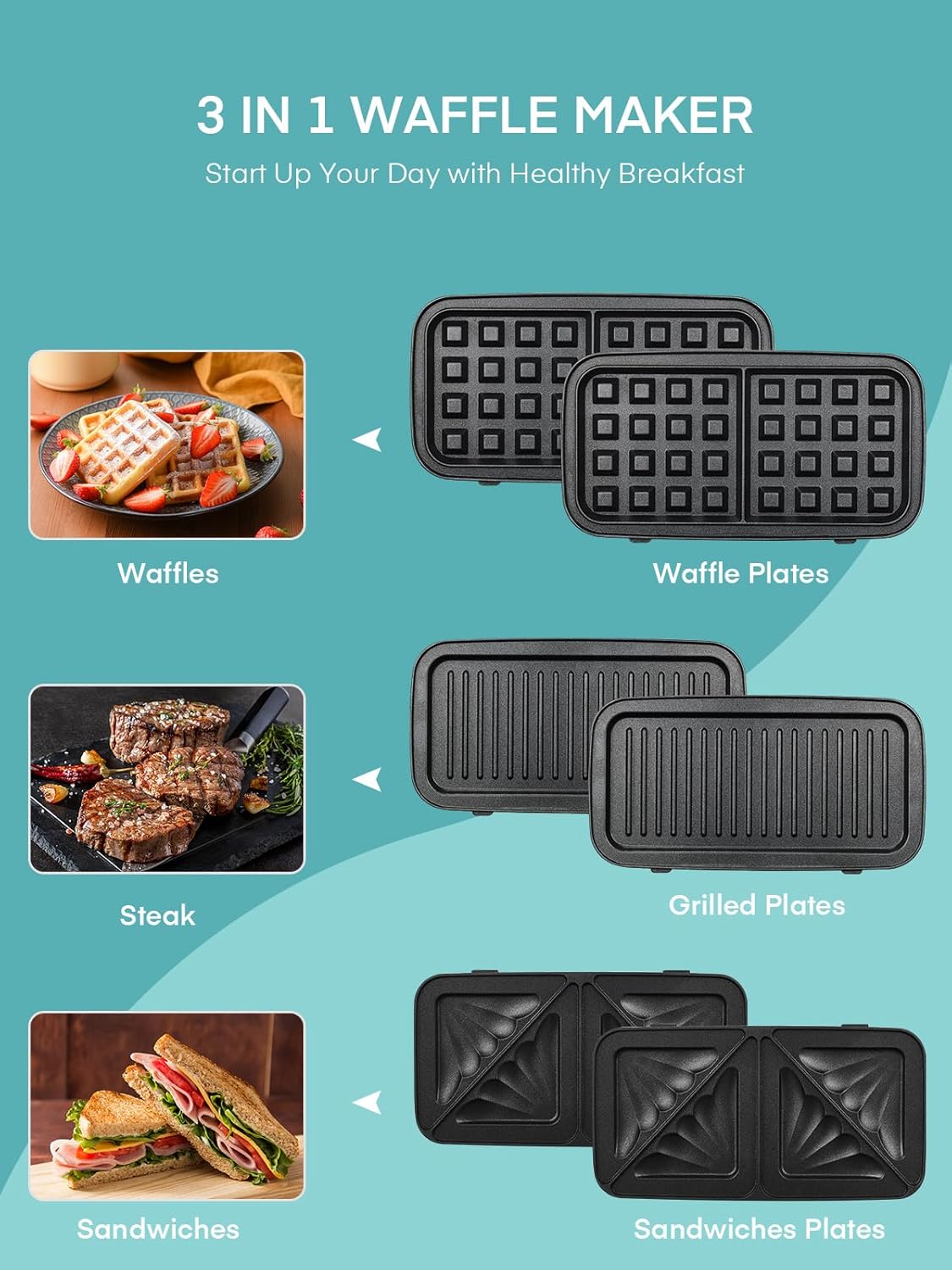 Waffle Maker 3 en 1 FOHERE, 1200W, Placas Desmontables, Control 5 Niveles