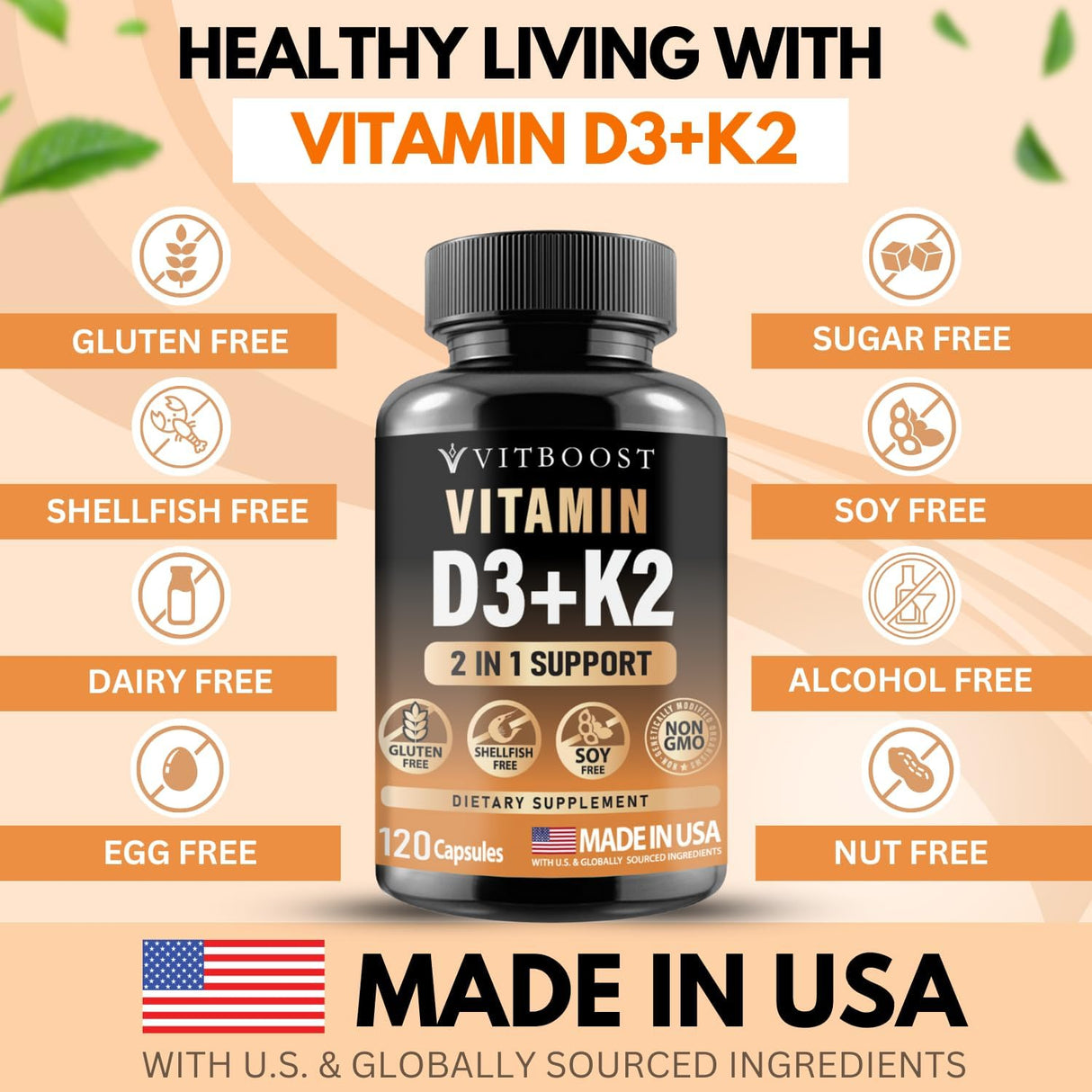 Complejo de Vitamina D3 K2 - Cápsulas 120, Sin Gluten, USA
