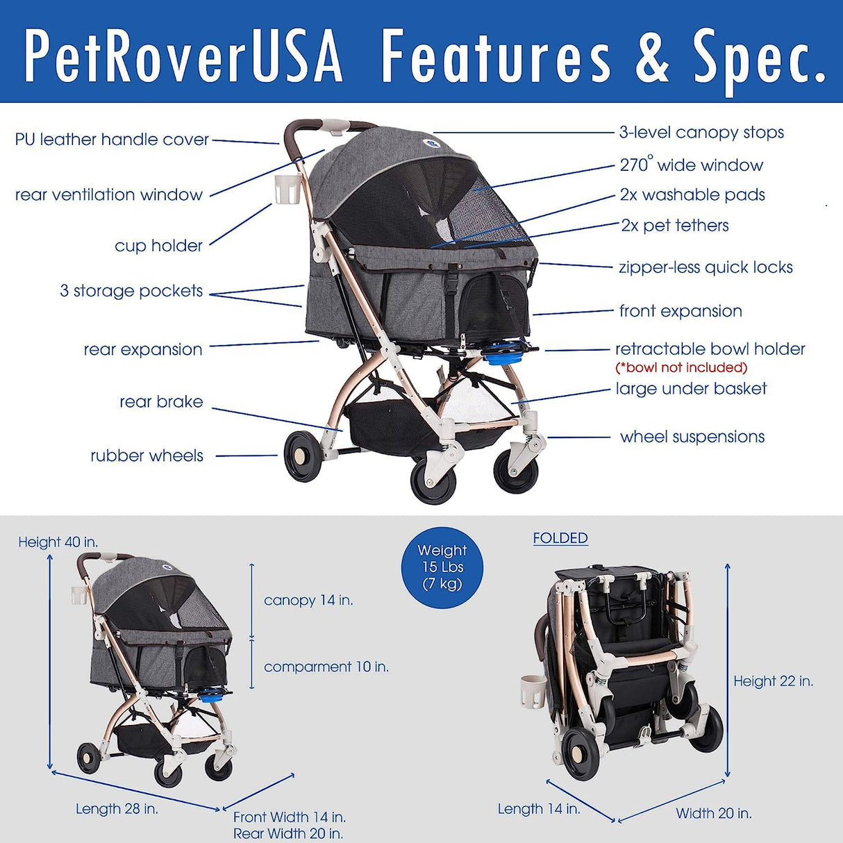 Carrito de Mascotas Pet Rover Lite, Ligero, 2da Generación