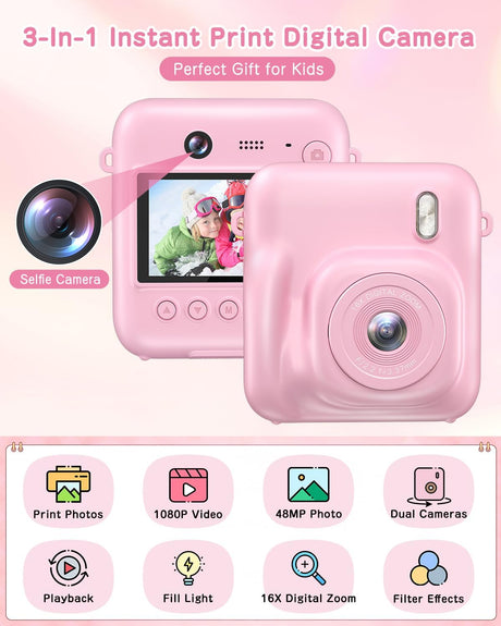 Cámara instantánea para niños 48MP, 1080P, con papel y tarjeta