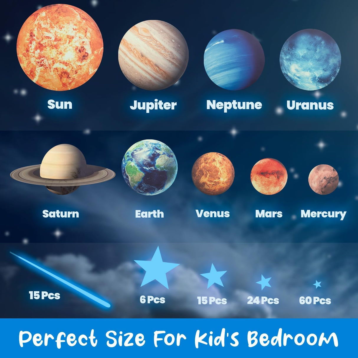 Estrellas y Planetas Brillantes, Stickers de Pared, Decoración Infantil