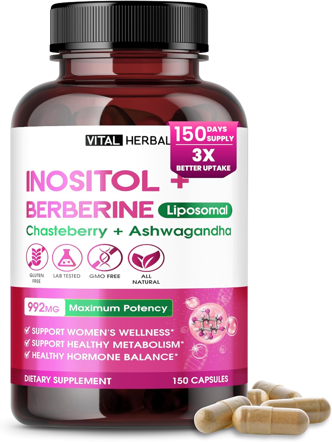 VITAL HERBAL Inositol Liposomal con Berberina, Chasteberry, Ashwagandha – 150 Cápsulas