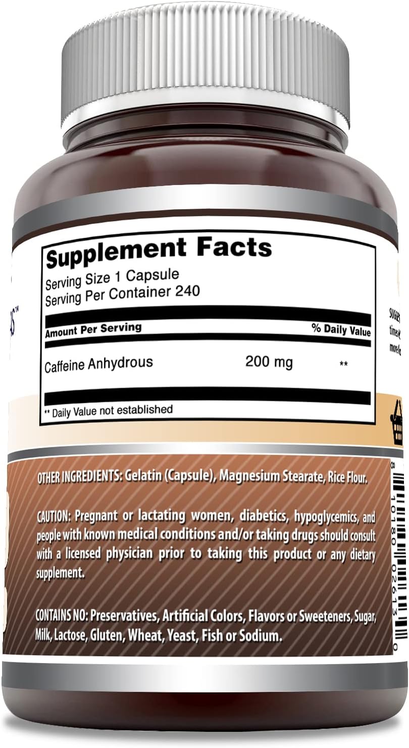 Suplemento de Cafeína Amazing Formulas | 200 mg | 240 Cápsulas