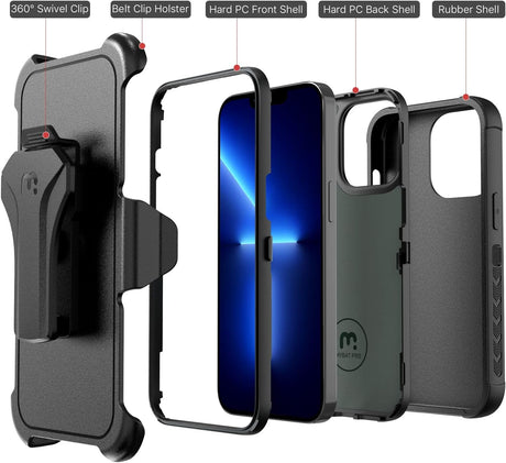 MYBAT Pro - Funda a prueba de golpes para iPhone 13 con funda de clip para cinturón y vidrio templado, 6.1 pulgadas, funda protectora contra caídas de grado militar resistente con soporte giratorio de 360°, color negro