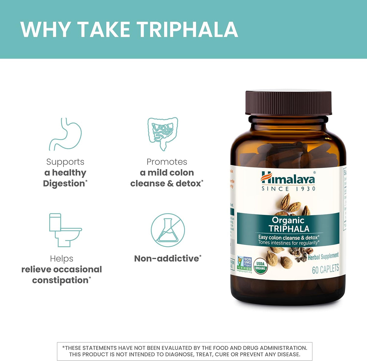 Himalaya Suplemento de hierbas orgánicas Triphala para limpieza de colon, apoya la regularidad, hinchazón ocasional, eliminación de residuos, USDA orgánico, sin OMG, vegano, 688 mg, 30 cápsulas a base