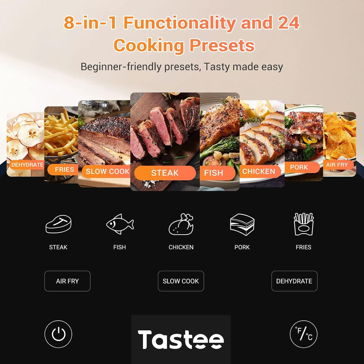 Freidora de aire Tastee 5.5QT, 8 en 1, 24 presets, digital