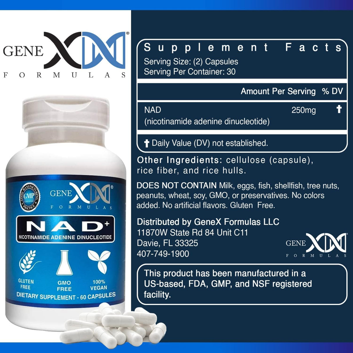 Suplementos NAD+ 250 mg porción 60 cápsulas de nicotinamida