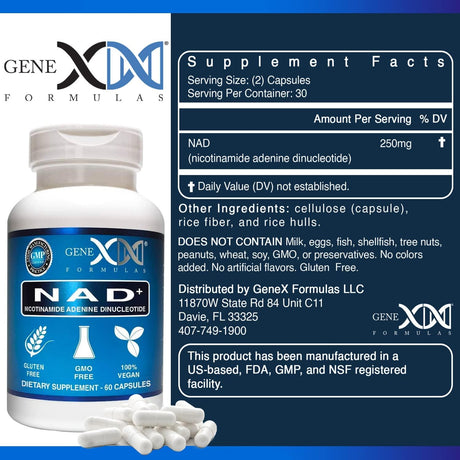 Suplementos NAD+ 250 mg porción 60 cápsulas de nicotinamida