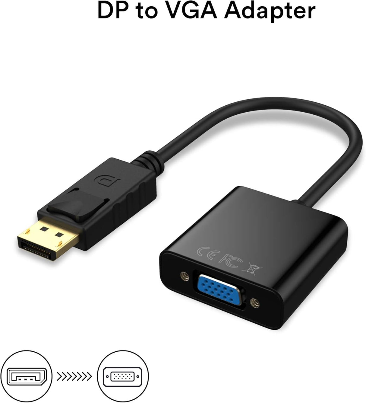 Adaptador DP a VGA, convertidor DisplayPort a VGA chapado en oro macho a hembra 1080P (negro)