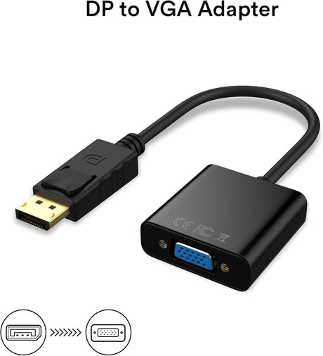 Adaptador DP a VGA, convertidor DisplayPort a VGA chapado en oro macho a hembra 1080P (negro)