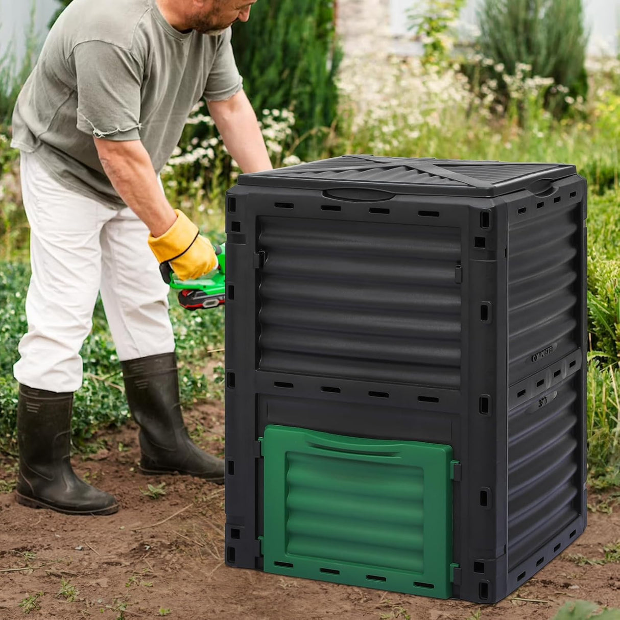 Compostador MoNiBloom 80 Gal, BPA Free, Rotatorio, Exterior