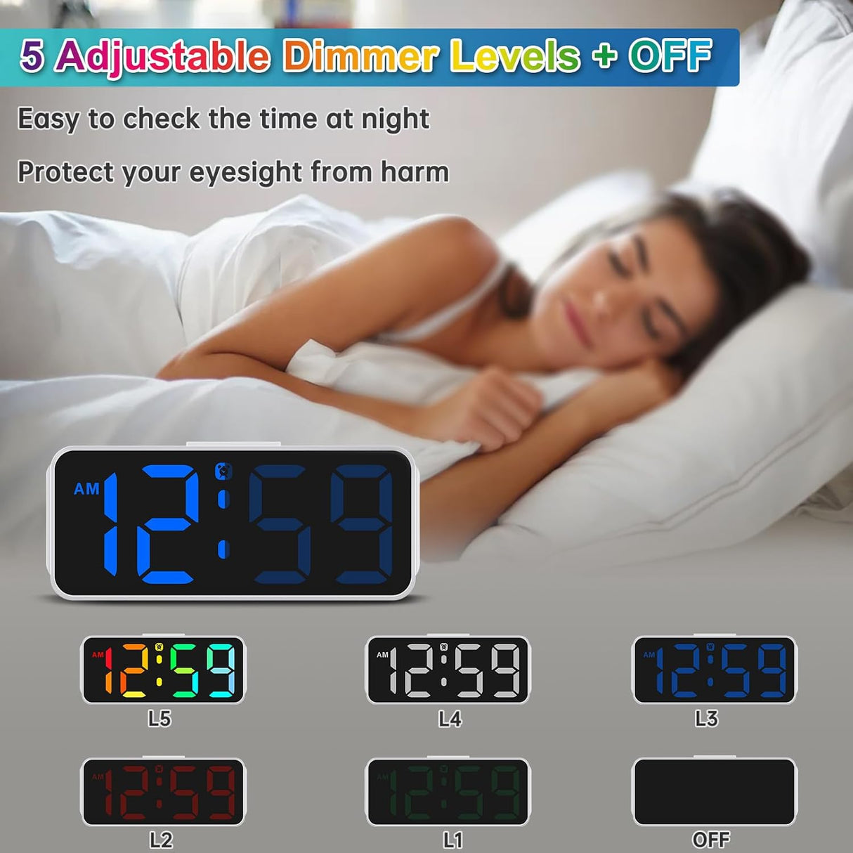 Reloj Despertador Digital Pequeño, Pantalla RGB, Dimmable