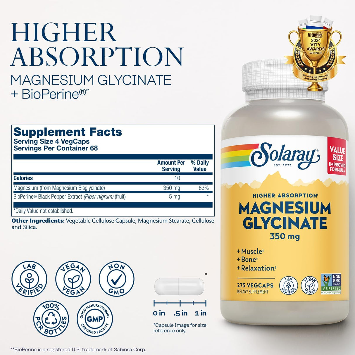 Solaray Magnesio Glycinato, Mejorado, Con BioPerine, 68 VegCaps