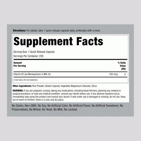 Suplemento de Vitamina K2 MK4 Piping Rock 100mcg 220 Cápsulas